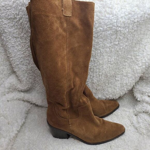 27 Edit Bellamy Tan Suede Leather Slouchy Knee High Western Inspired Boots sz 9W - Picture 1 of 13